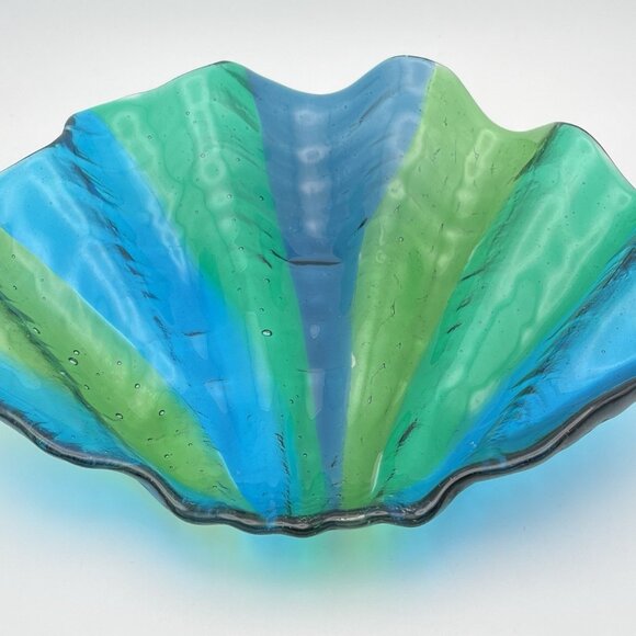 Vintage Blown Art Glass Clamshell Green Blue Bowl Dish MCM Shell Aquatic Ocean - Picture 4 of 10